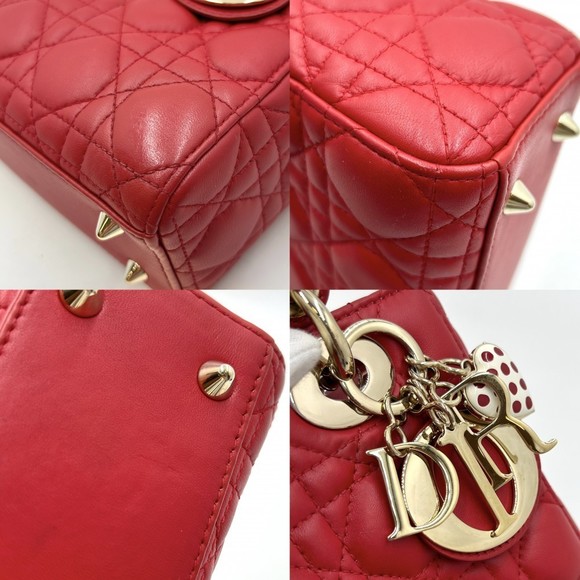 Christian Dior 2way Small Lady Dior Handbag Lambskin Red - Picture 6 of 9
